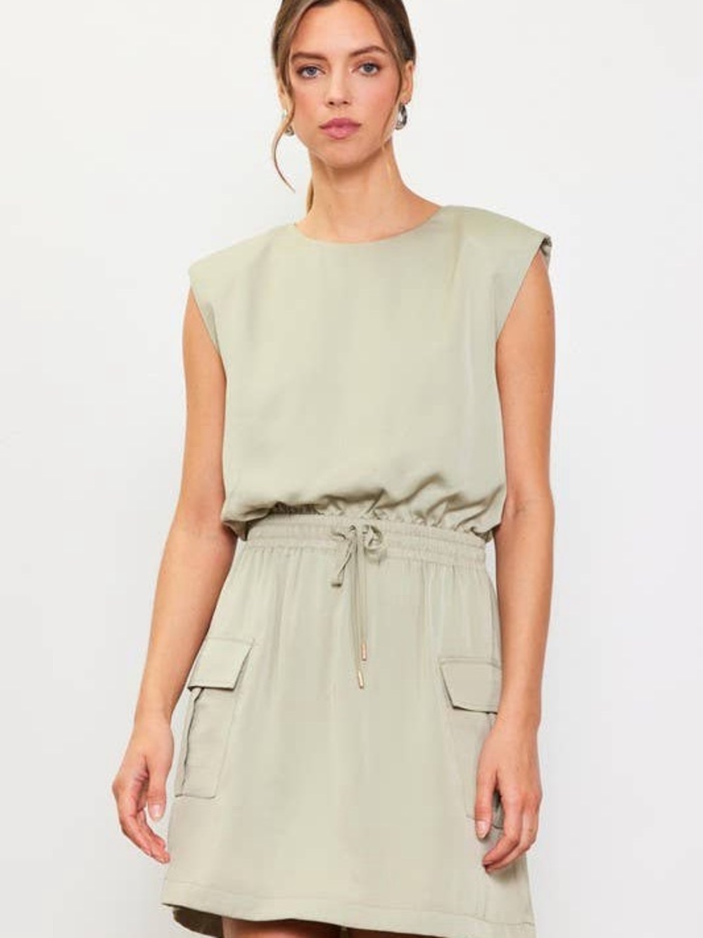 Skies Are Blue Sleeveless Drawstring Waist Dress Top in Sage
